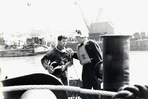 Joe Savoie with diving hat he made. Joe Savoie photo.  History of the Offshore Oil and Gas Industry in Southern Louisiana Volume VI: A Collection of Photographs.