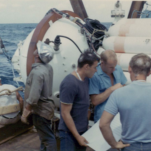 Art Pagett (l), Joe McGinnis (center), Glen Taylor on deep dive; Art's and Glen's heads are shaved for electrodes. Drew Michel photo. History of the Offshore Oil and Gas Industry in Southern Louisiana Volume VI: A Collection of Photographs